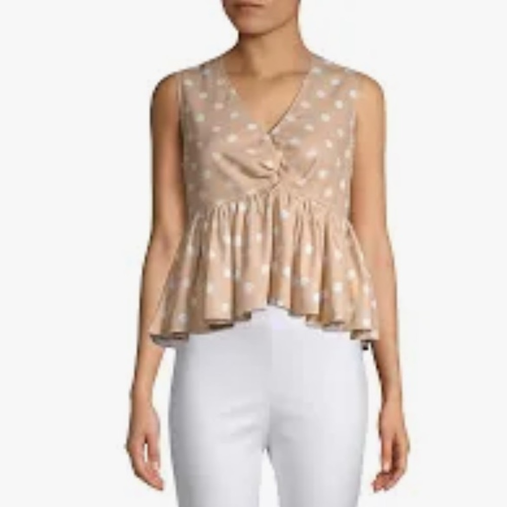 Lea & Viola Gold Tan polka dot Peplum Blouse S
